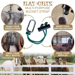 Hay Chix bucket strap close-up shows Hoggle snap for quick attachment.