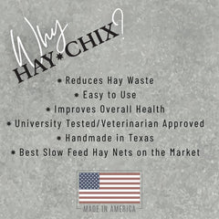 Hay Chix Hay Net easy-fill patent closure for quick daily use