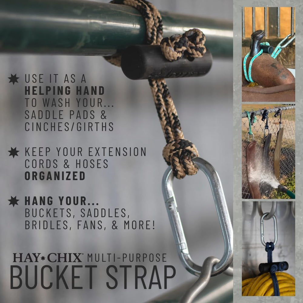 Hay Chix horse bucket strap in stable-use showing versatile hanger for buckets and tack.