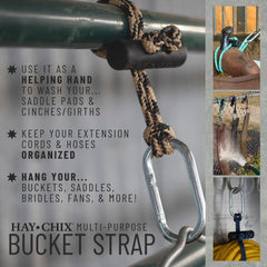 Hay Chix horse bucket strap in stable-use showing versatile hanger for buckets and tack.