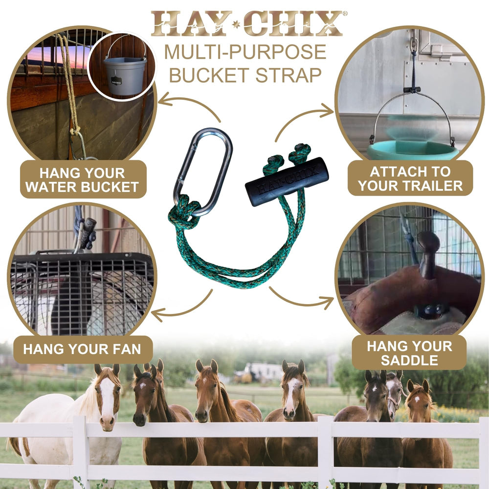 Hay Chix bucket strap trailer-use keeps hoses and cords neatly organized.