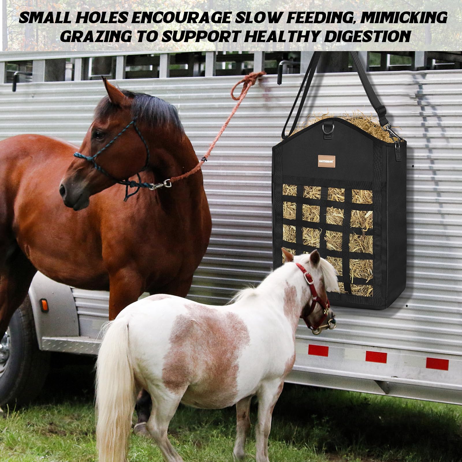 HAYSRMAN hay bag adjustable strap enables easy hanging and positioning.