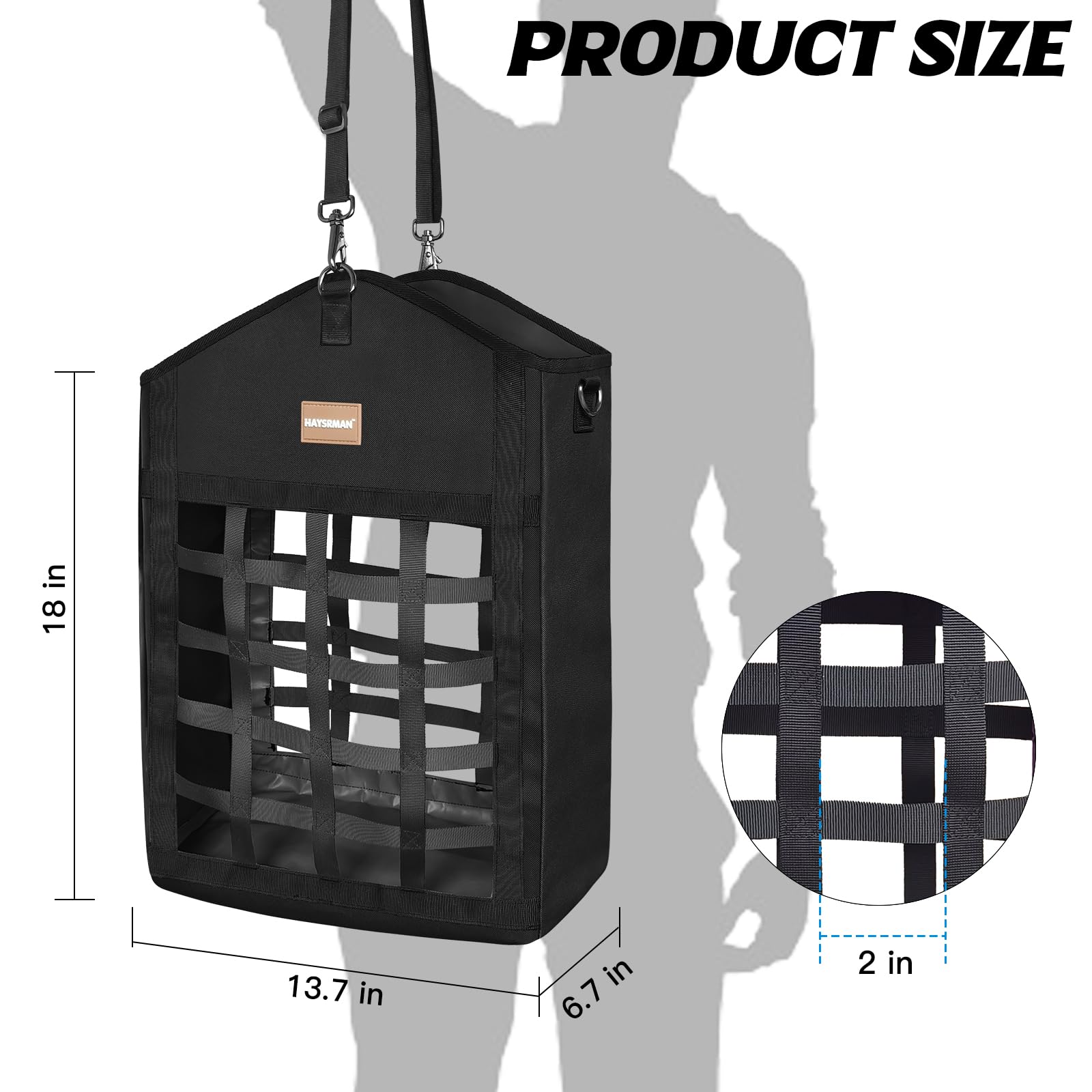 HAYSRMAN hay bag close-up shows reinforced metal clasp for secure hanging.