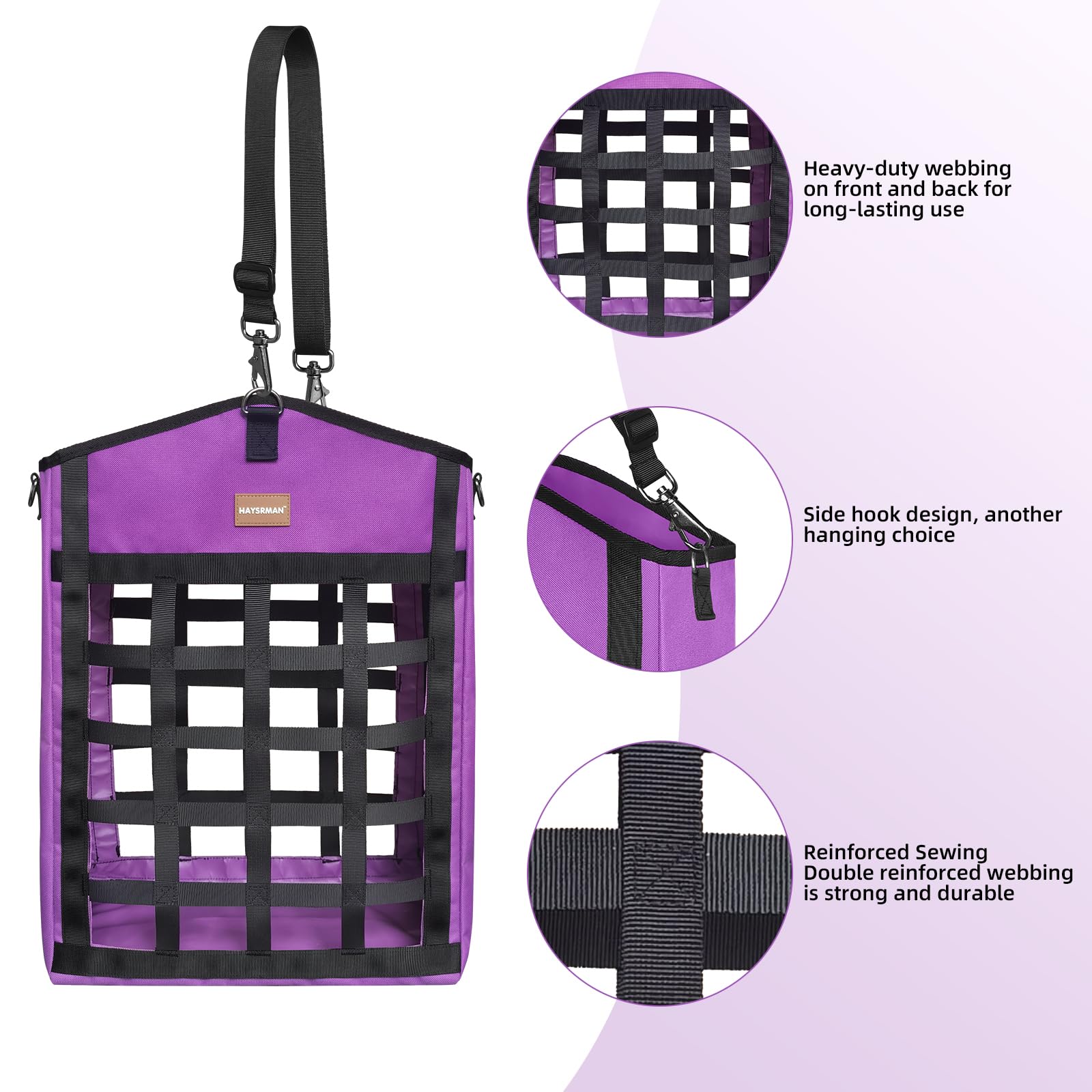 HAYSRMAN reinforced Oxford fabric hay bag withstands daily use while keeping forage tidy