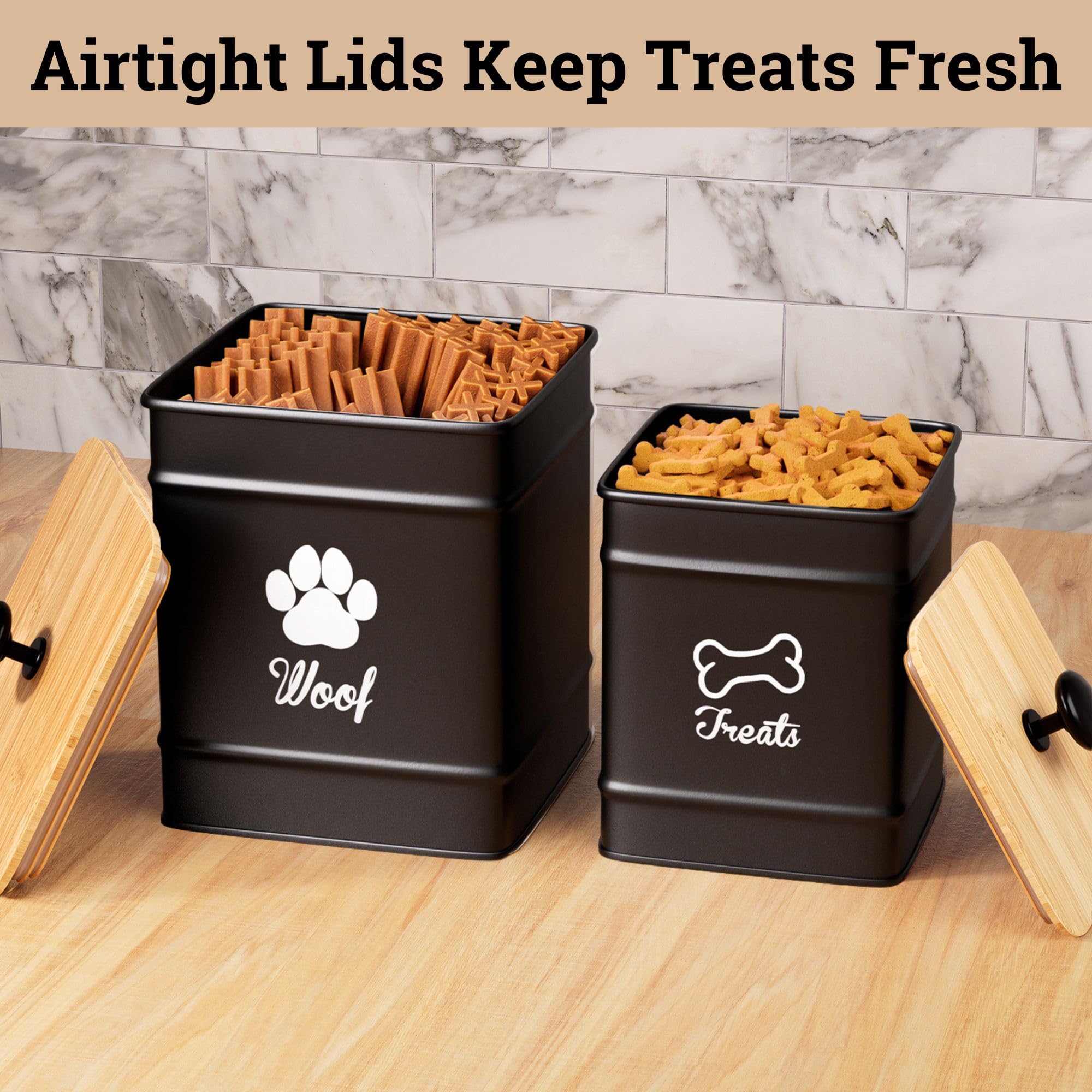 HB Design Co powder-coated black dog treat canisters blending with kitchen decor.