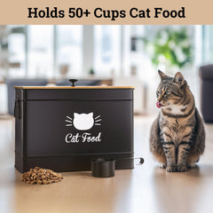 HB Design Co cat food container with metal scoop hanging for easy access