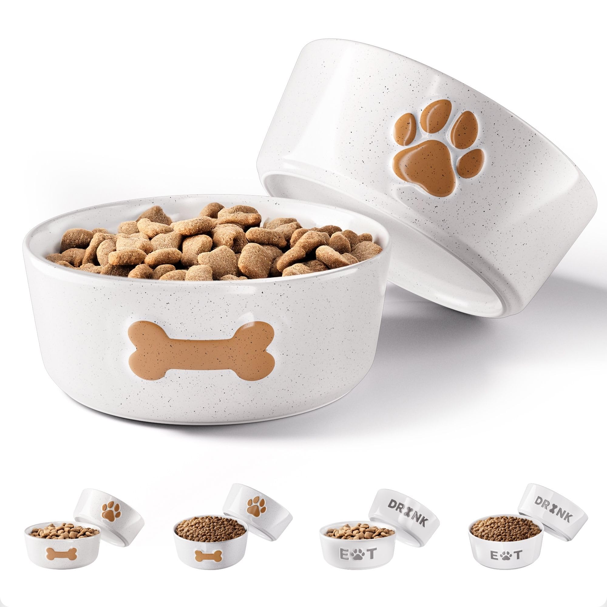 HB Design Co ceramic dog bowls with paw and bone designs promote organized meal routines for small dogs.