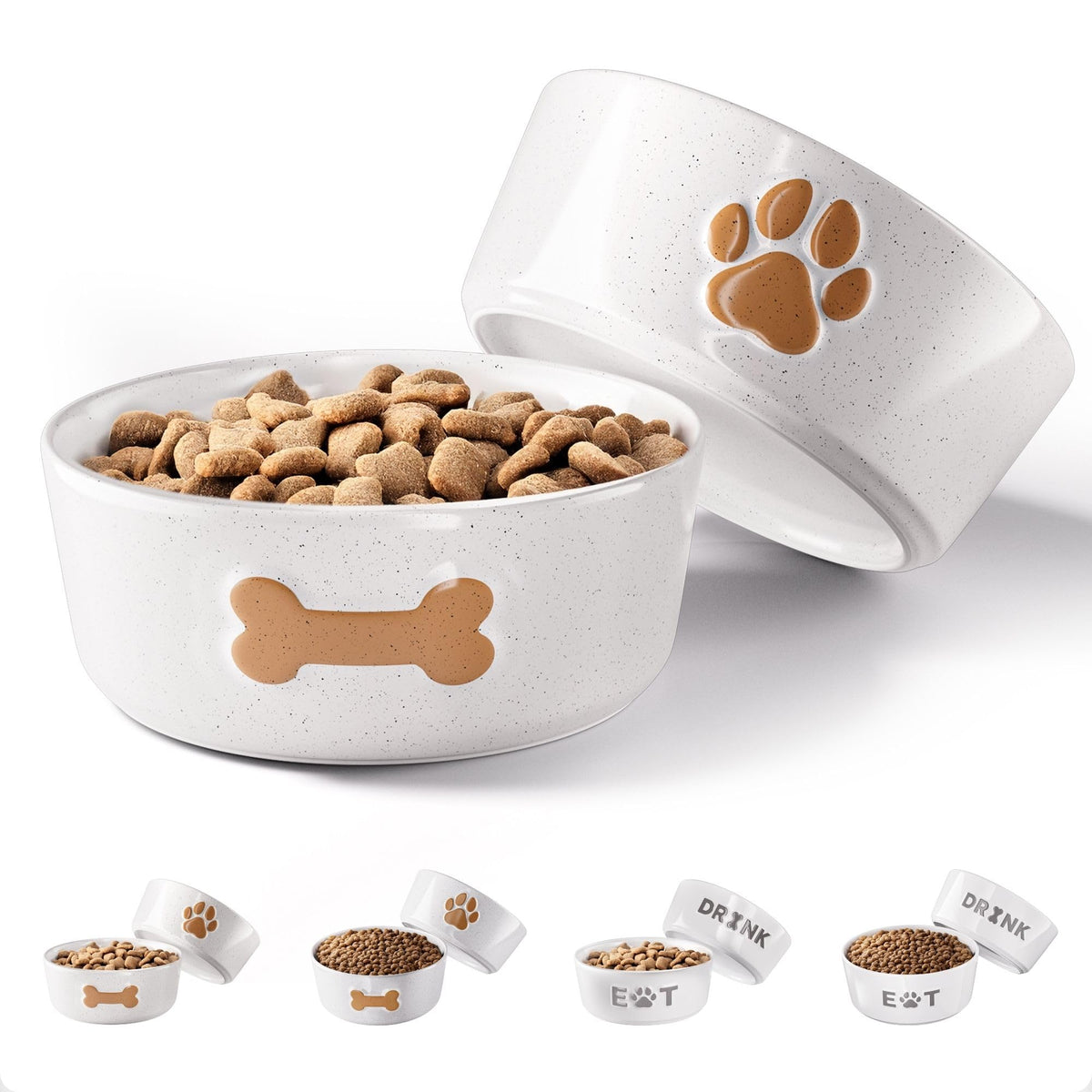HB Design Co ceramic dog bowls with paw and bone designs promote organized meal routines for small dogs.