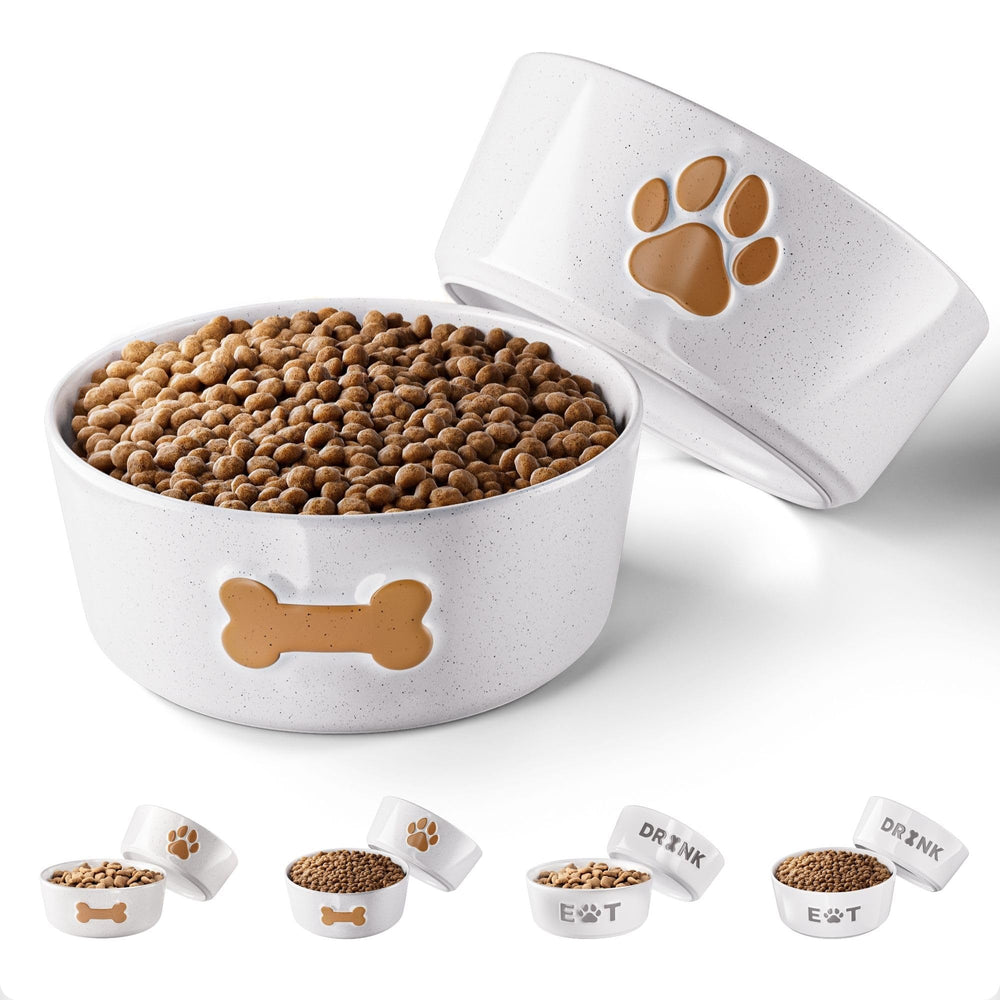HB Design Co ceramic dog bowl set with paw and bone designs for easy mealtime differentiation.