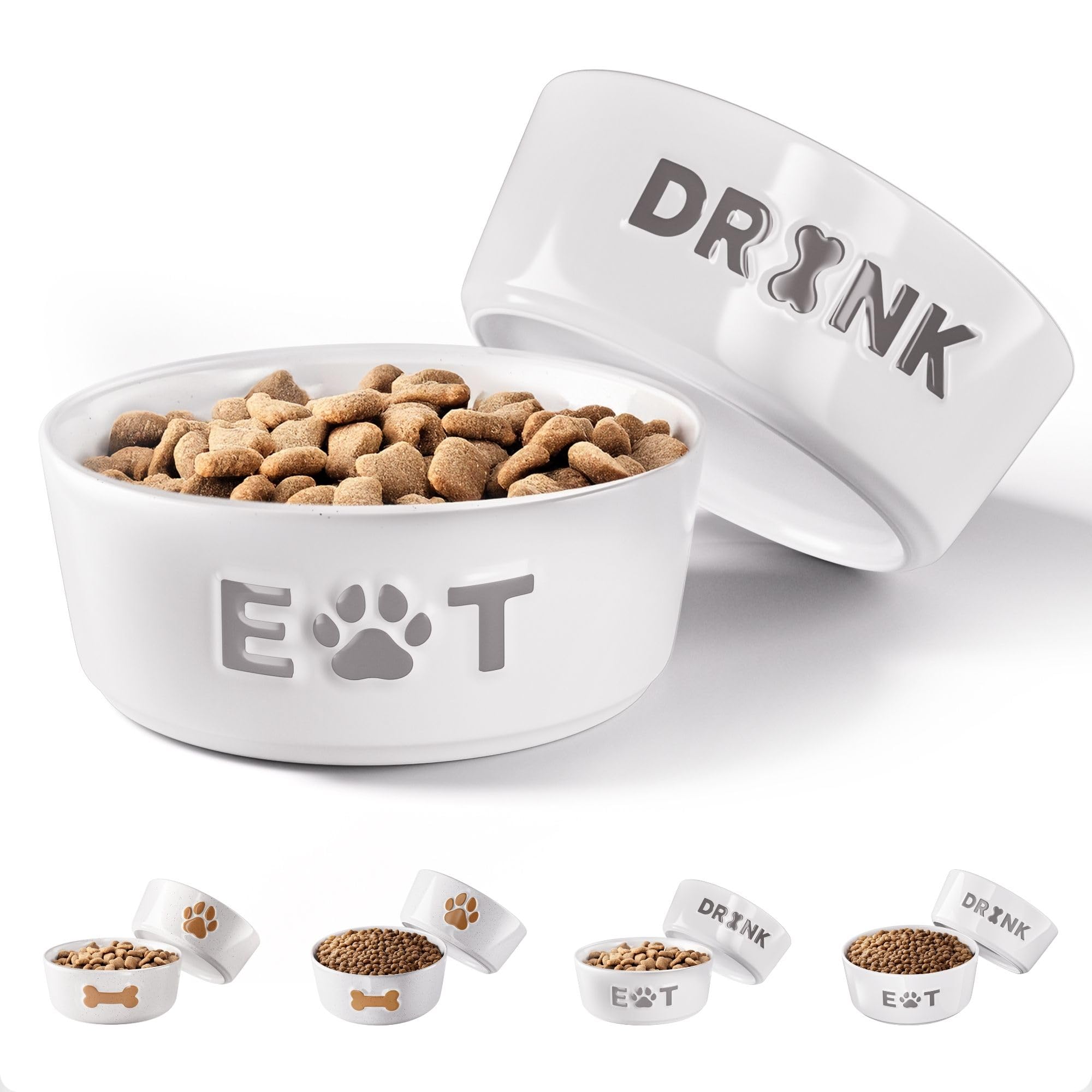 HB Design Co ceramic dog bowls shown side by side, ideal for small dogs' meals.