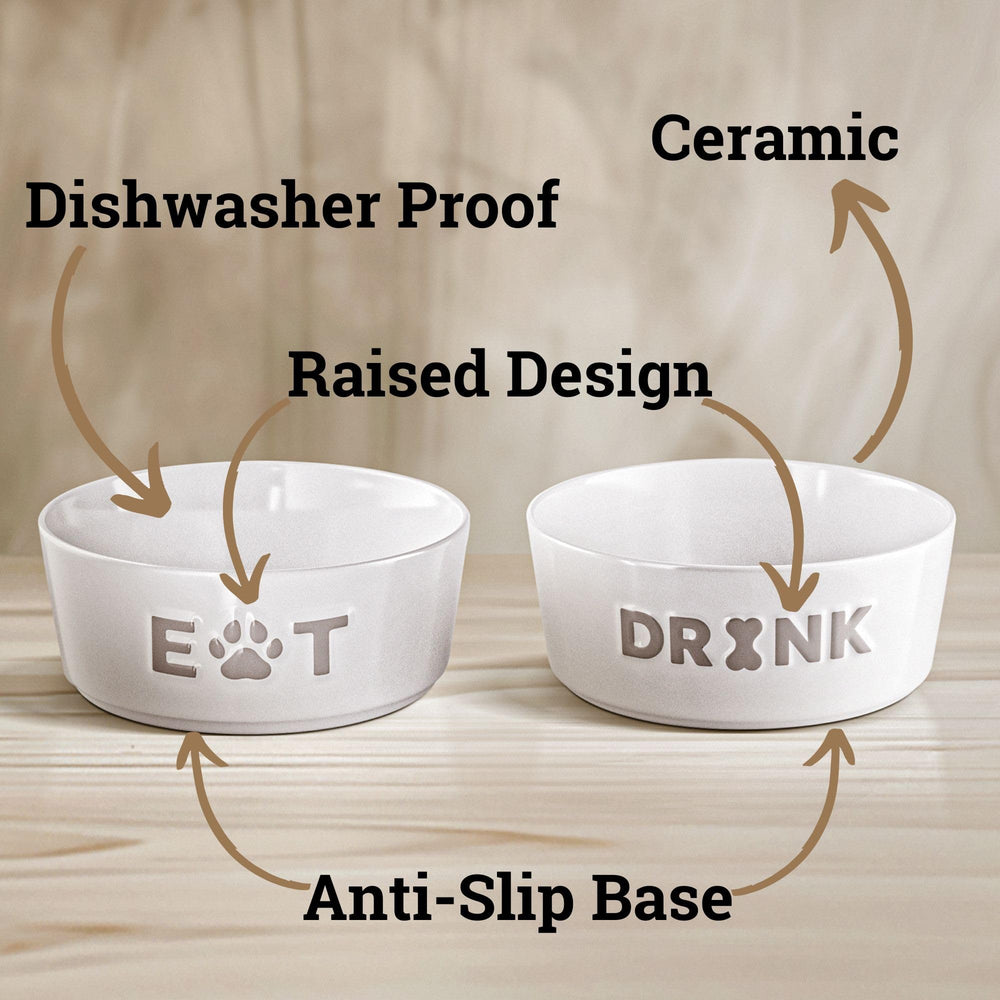 HB Design Co ceramic bowl with eat and drink labels for easy differentiation.