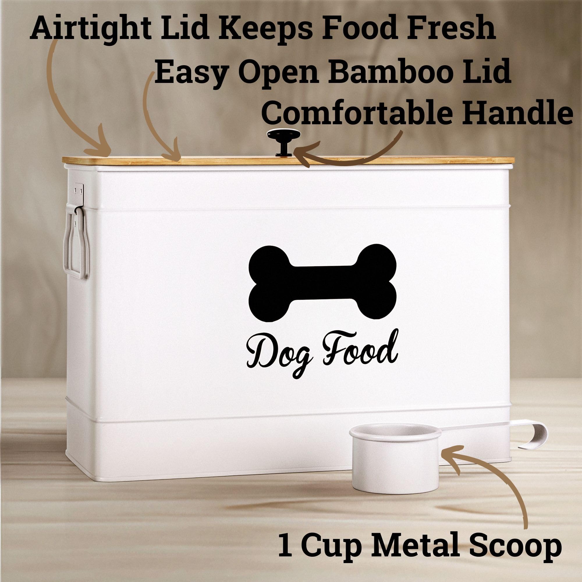 HB Design Co. bamboo lid closeup highlights natural seal and stylish dry dog food storage.