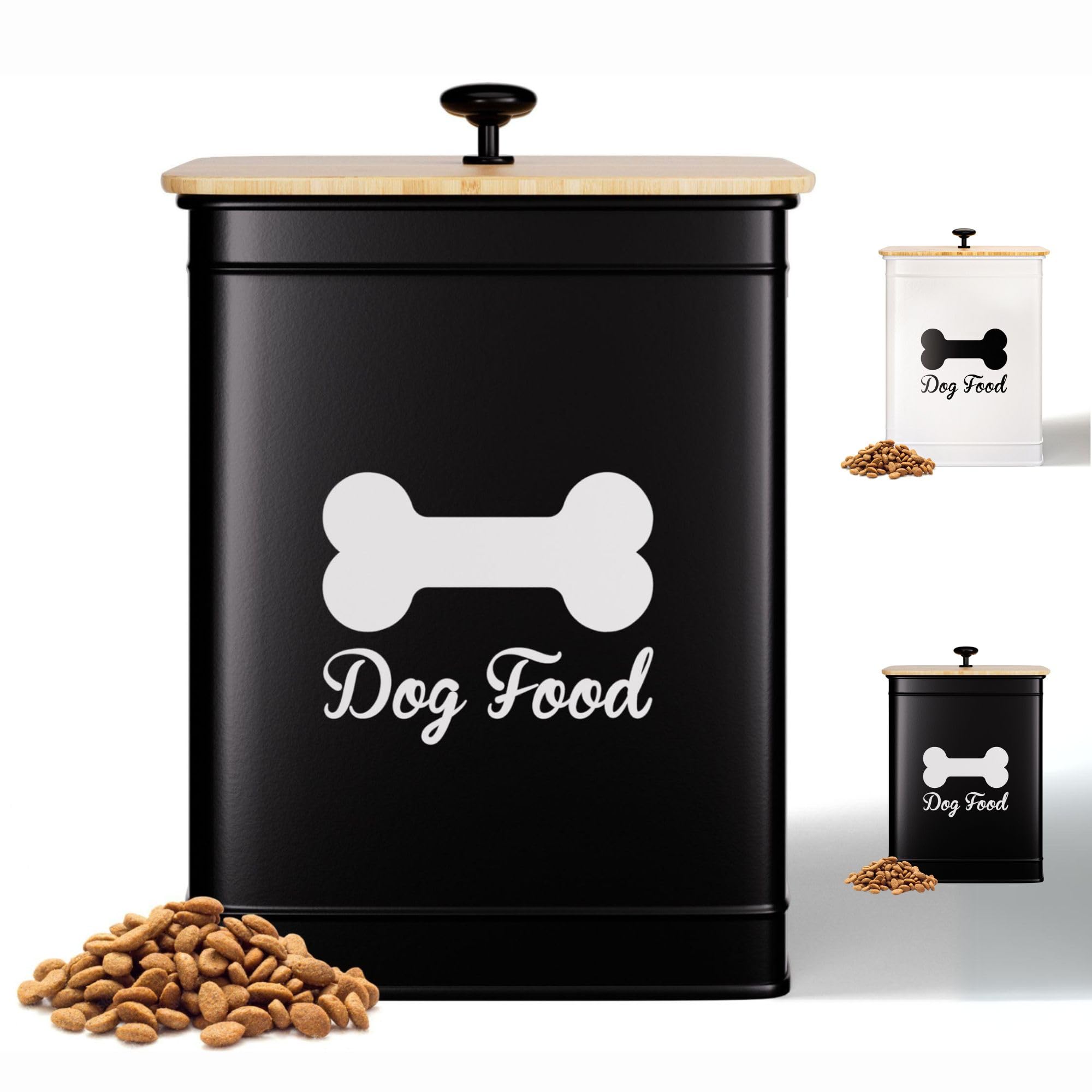 HB Design Co. dog food container with bamboo lid provides airtight kibble protection.