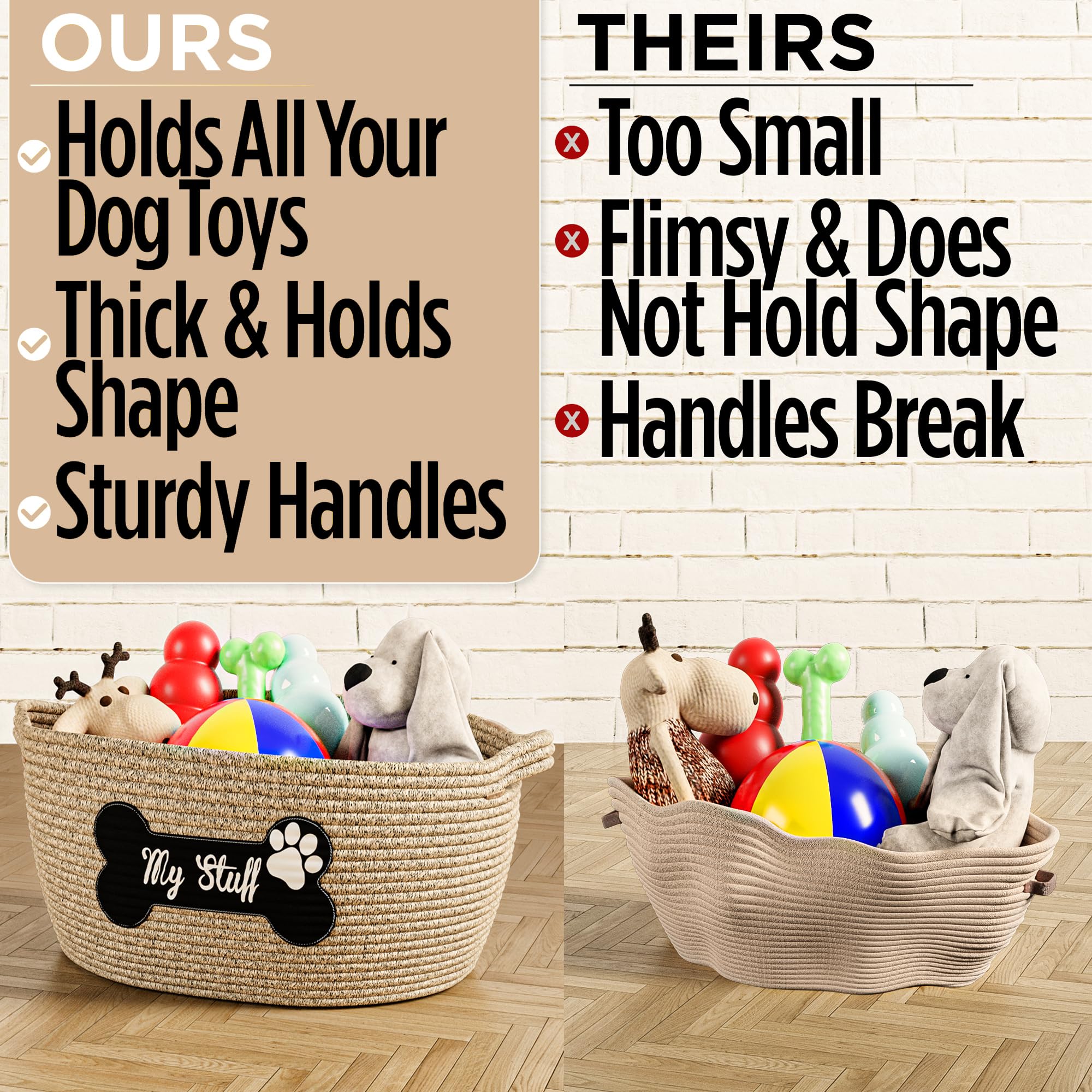 HB Design Co dog toy basket with low sides for easy toy access.