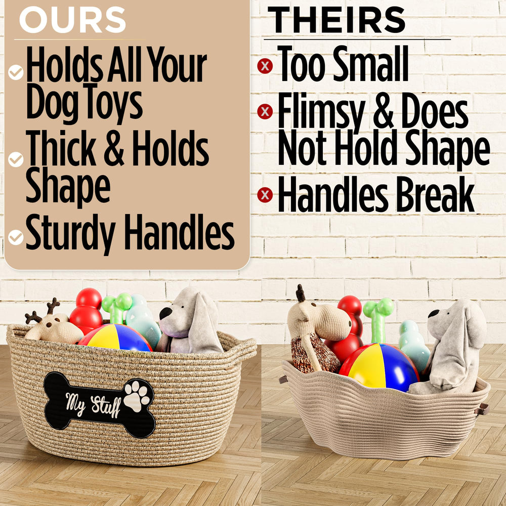 HB Design Co dog toy basket with low sides for easy toy access.