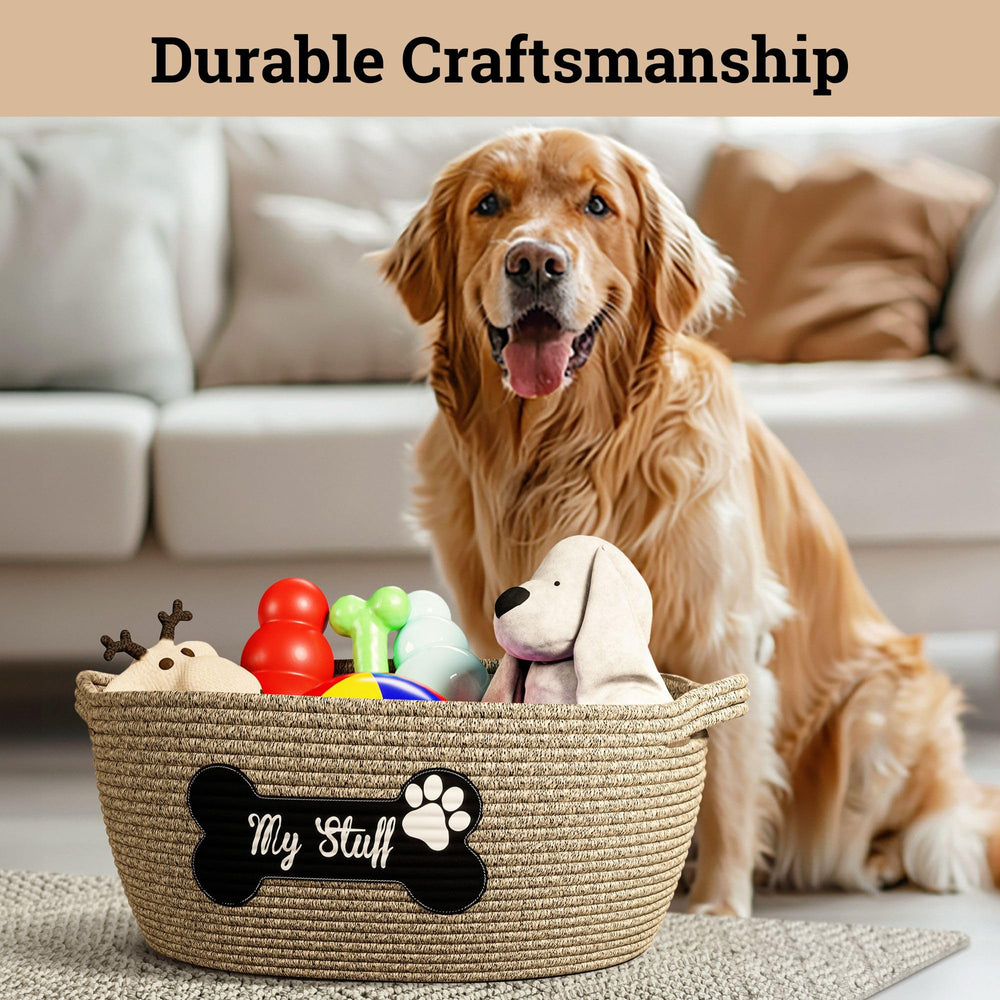 HB Design Co dog toy basket features a paw print patch for cute decor.