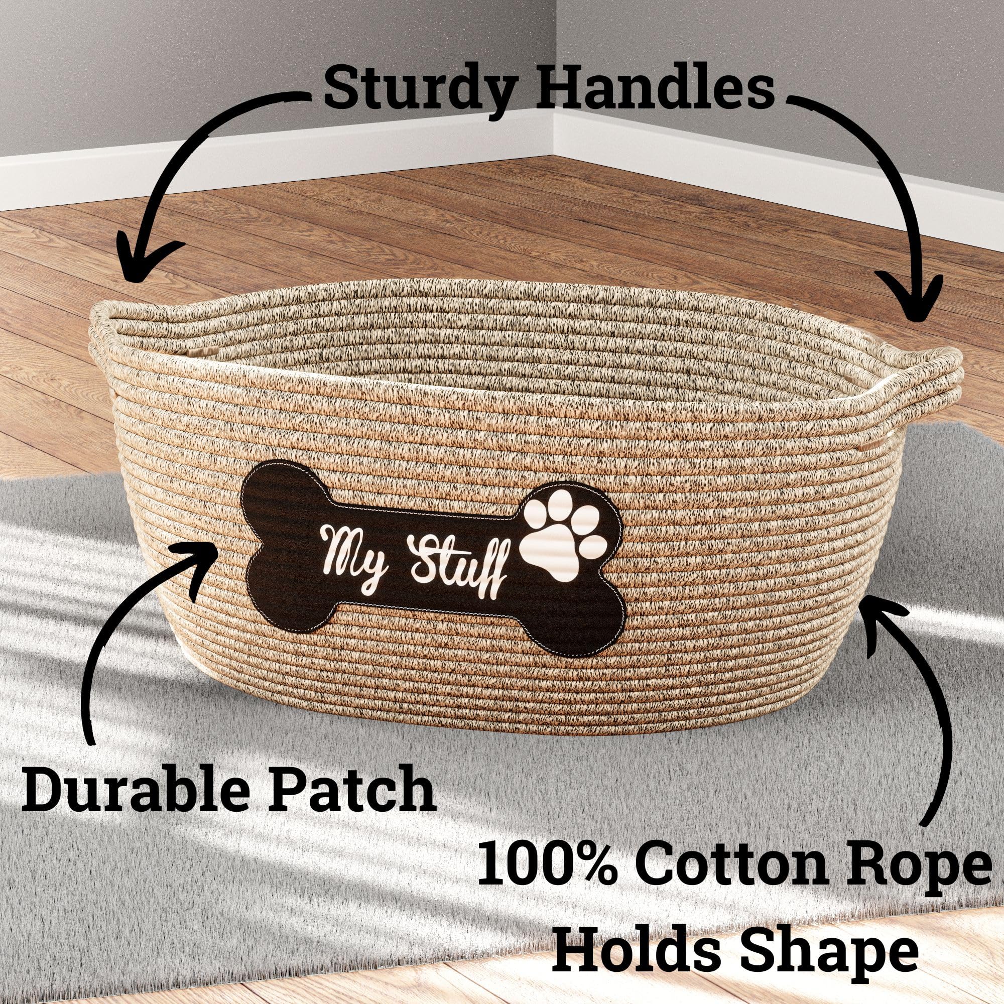 HB Design Co dog toy basket with sturdy handles for easy carrying.