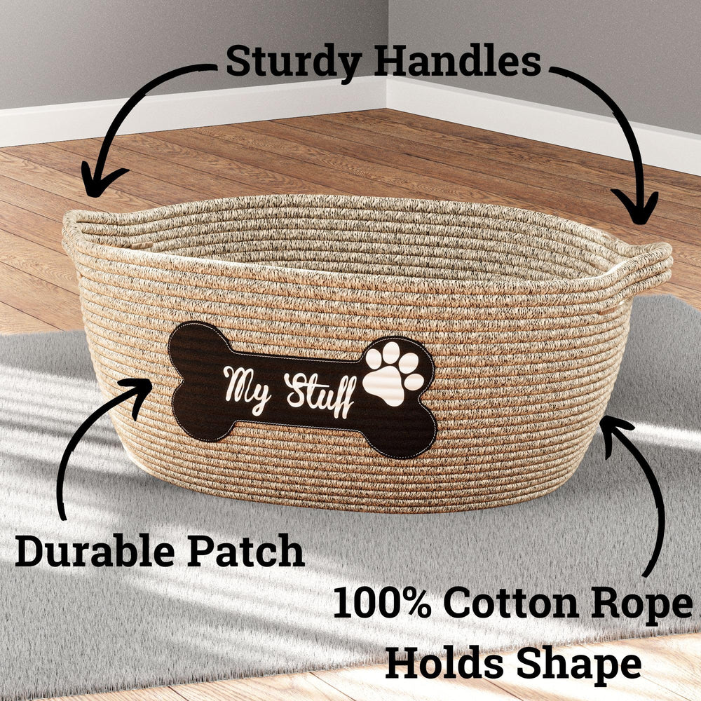 HB Design Co dog toy basket with sturdy handles for easy carrying.