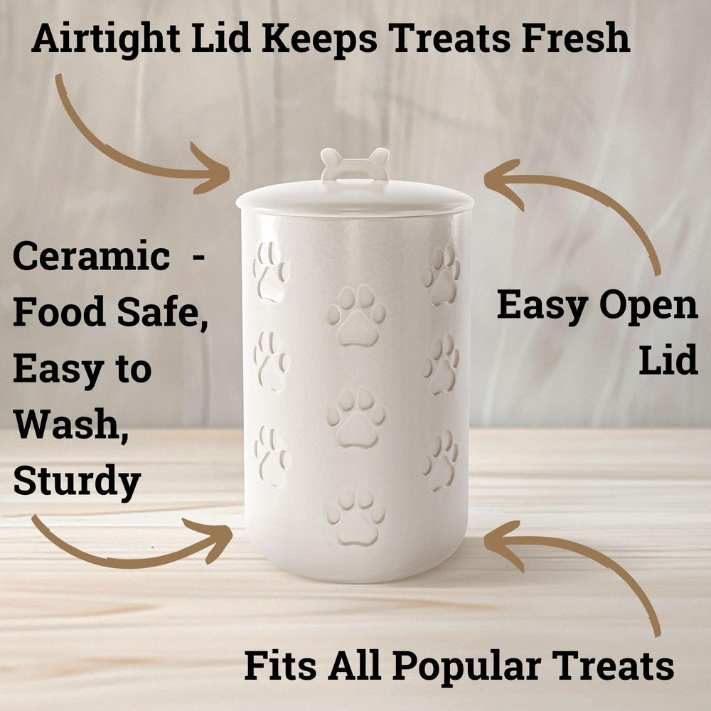 HB Design Co ceramic dog treat jar with paw prints as decorative kitchen accent