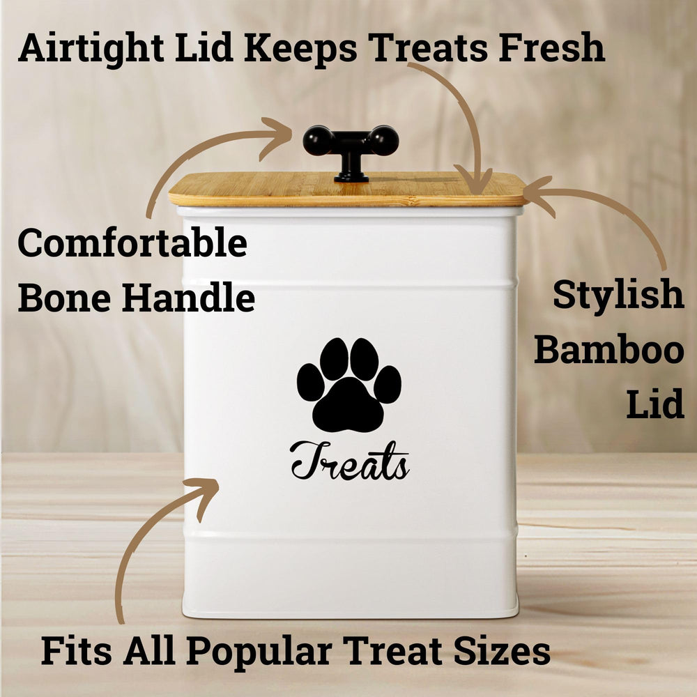 HB Design Co dog treat container lid close-up shows rubber-seal bamboo lid