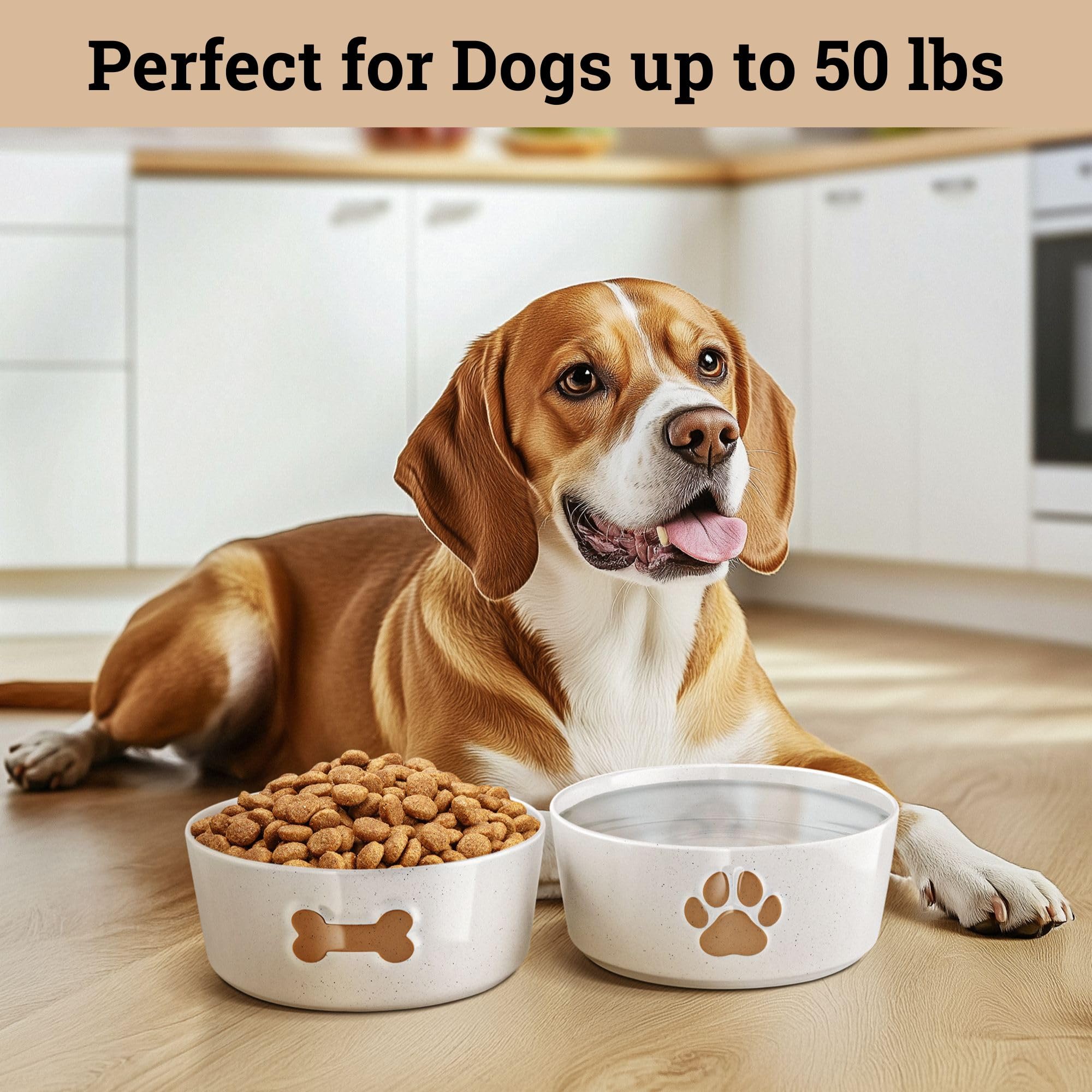 HB Design Co speckled white ceramic bowls add decorative flair to any pet station.