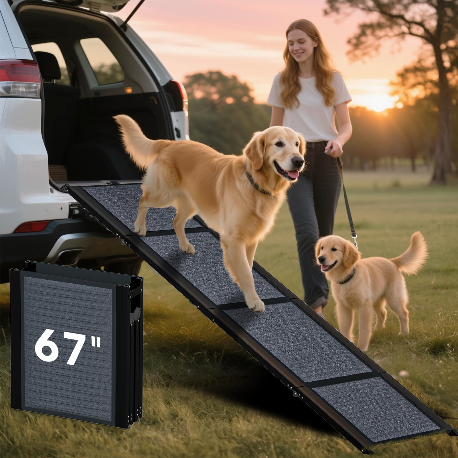 HBTower dog ramp extended 67in shows gentle incline for easy car entry