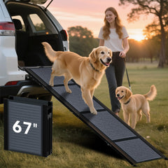HBTower dog ramp extended 67in shows gentle incline for easy car entry