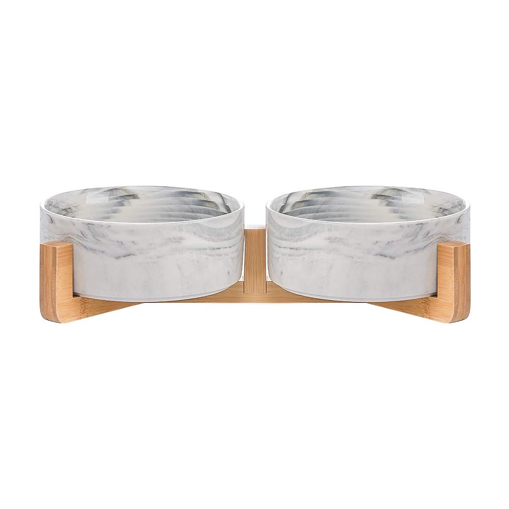 HCHLQLZ marble black ceramic bowls with wood stand for stable feeding during busy mealtimes