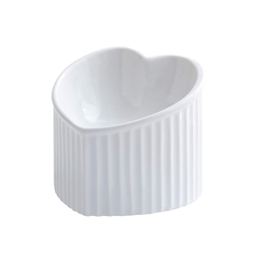 HCHLQLZ white ceramic raised cat bowls tilted front view for comfortable feeding