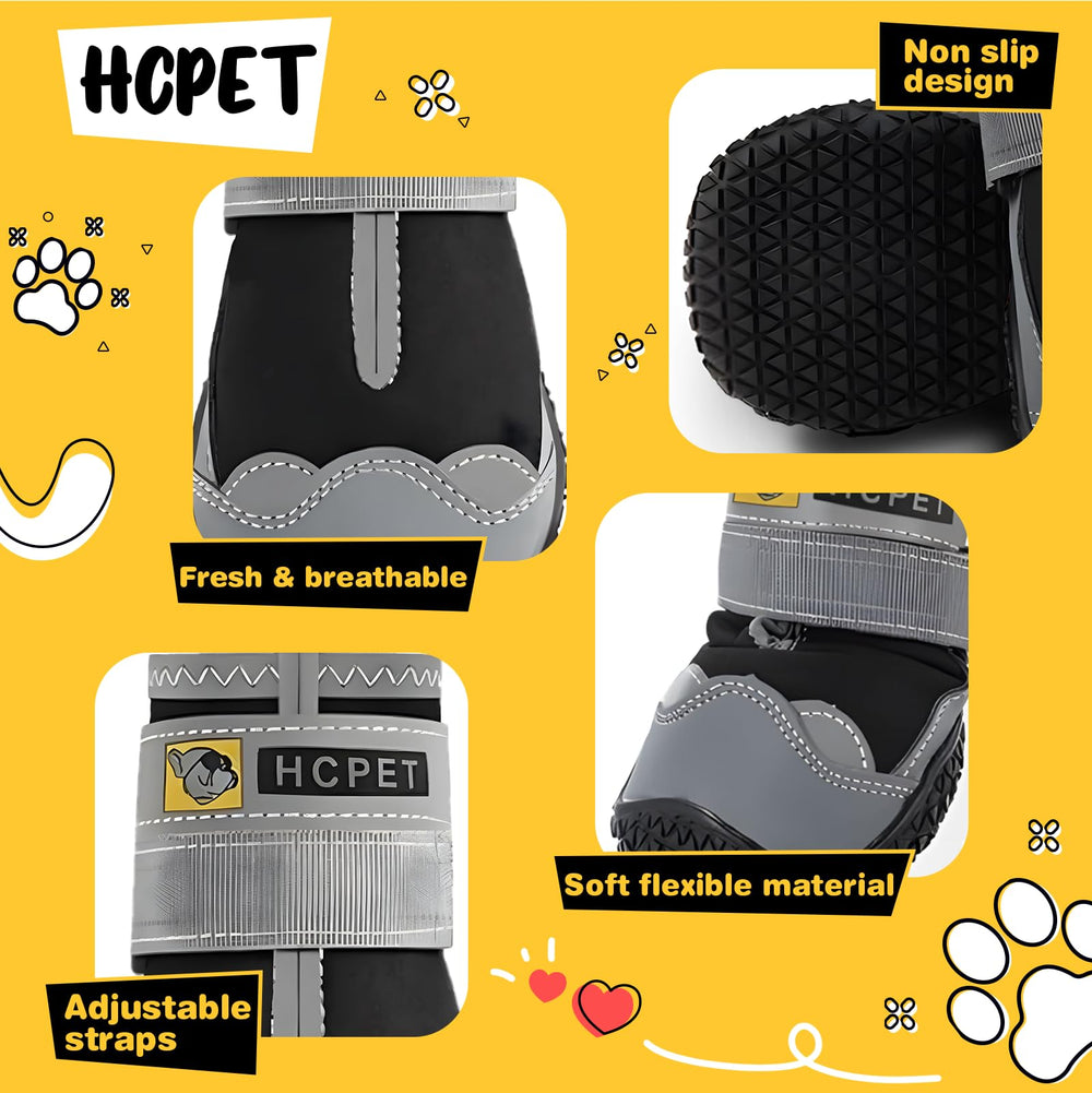 Hcpet easy-on, easy-off dog boots with hook-and-loop strap.