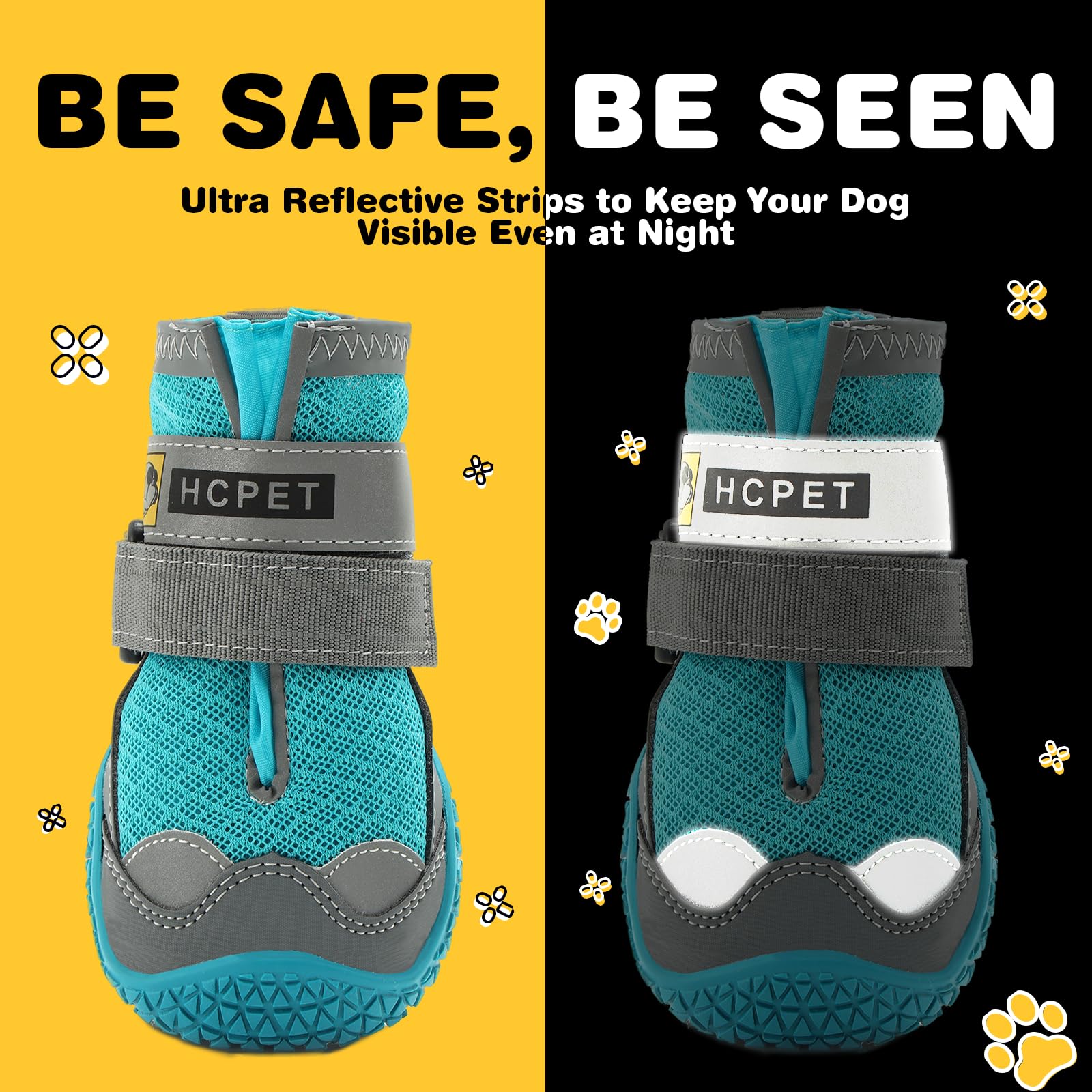 Hcpet reflective blue dog shoes improve visibility during dusk walks.