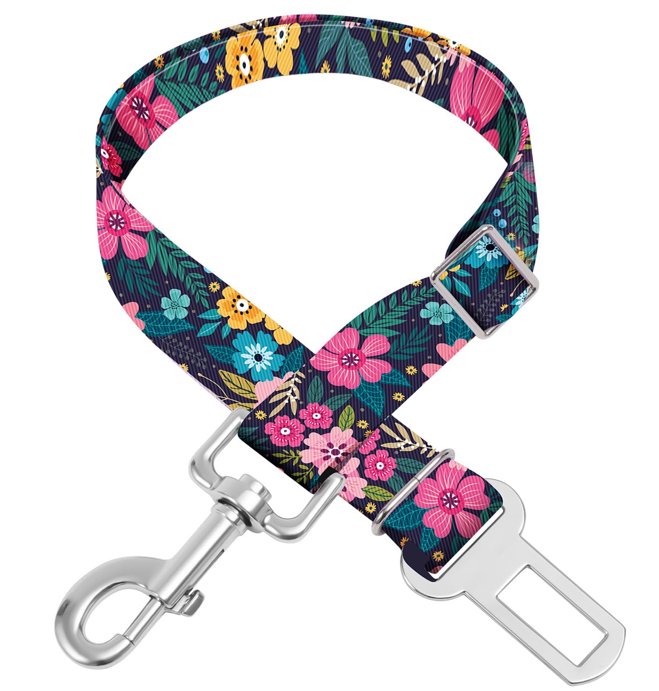 HCYPCV adjustable pet car seat belt floral closeup highlights adjustable length for secure travel.