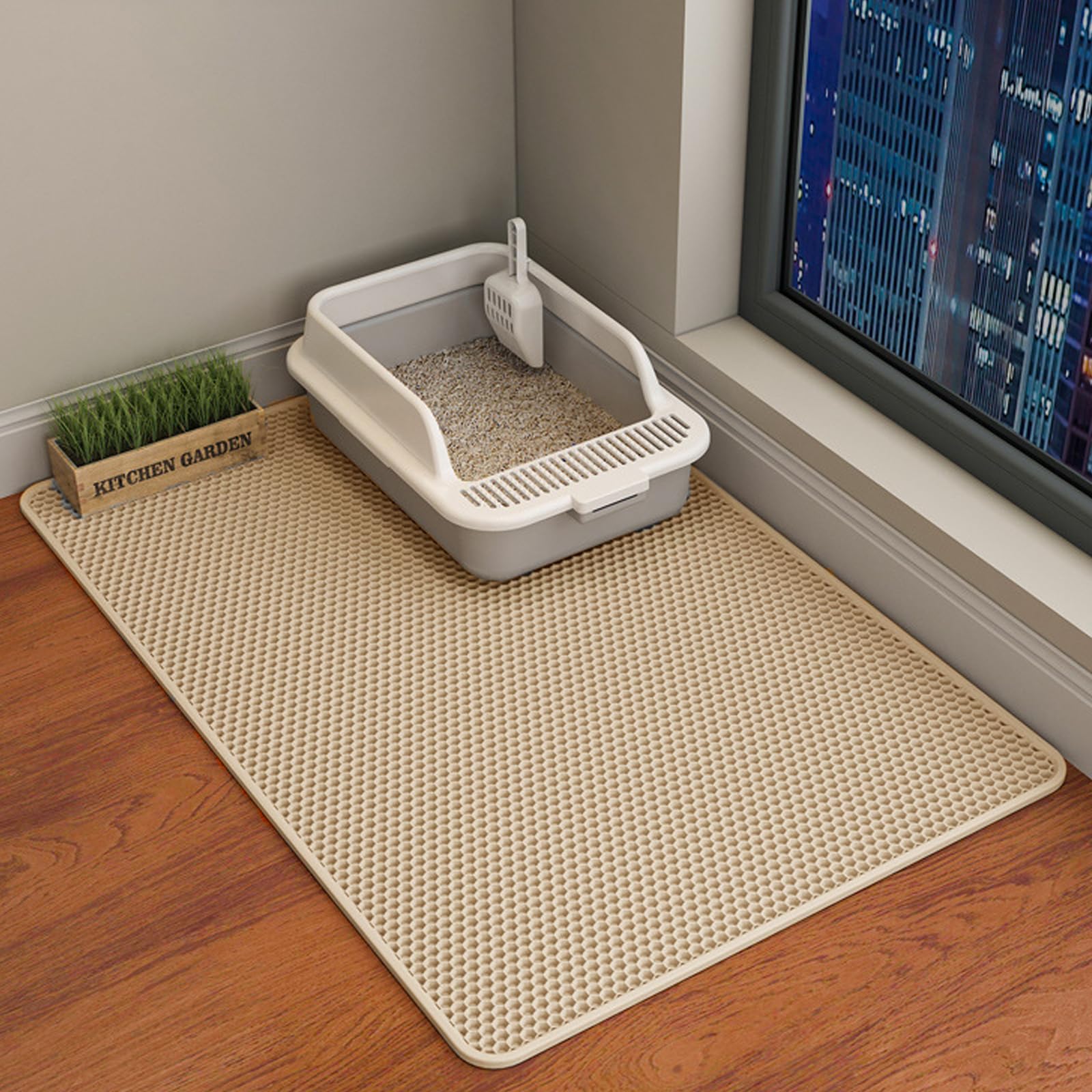 HCY&WLD cat litter mat double-structure invisible mesh captures litter reducing mess.