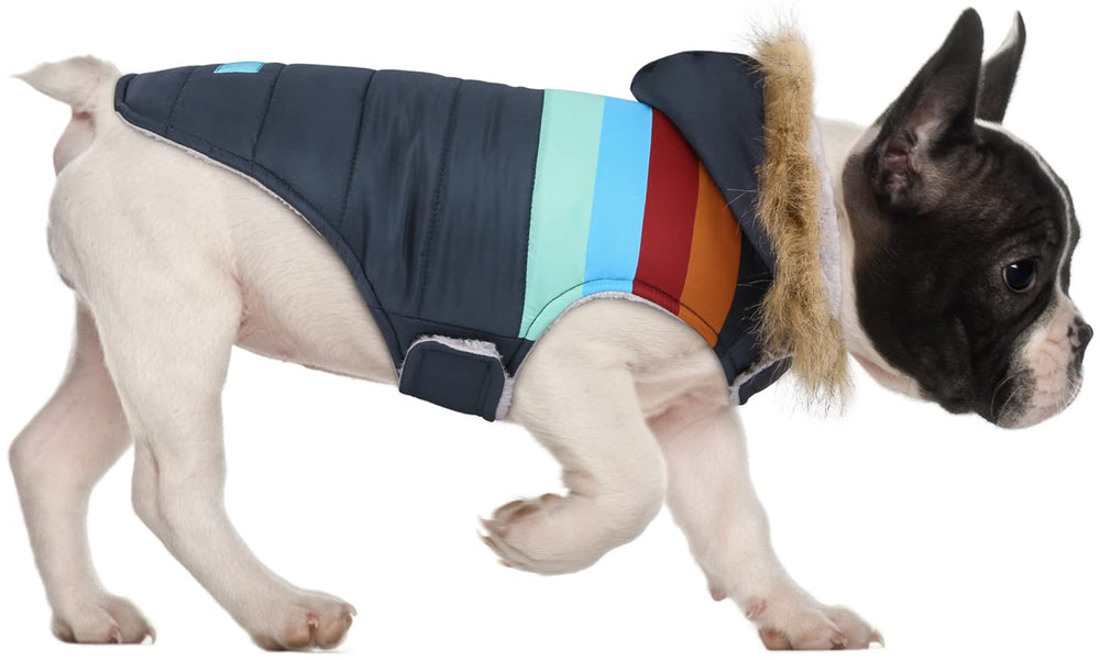 HDE dog puffer jacket hood detail for wind and snow protection during walks.