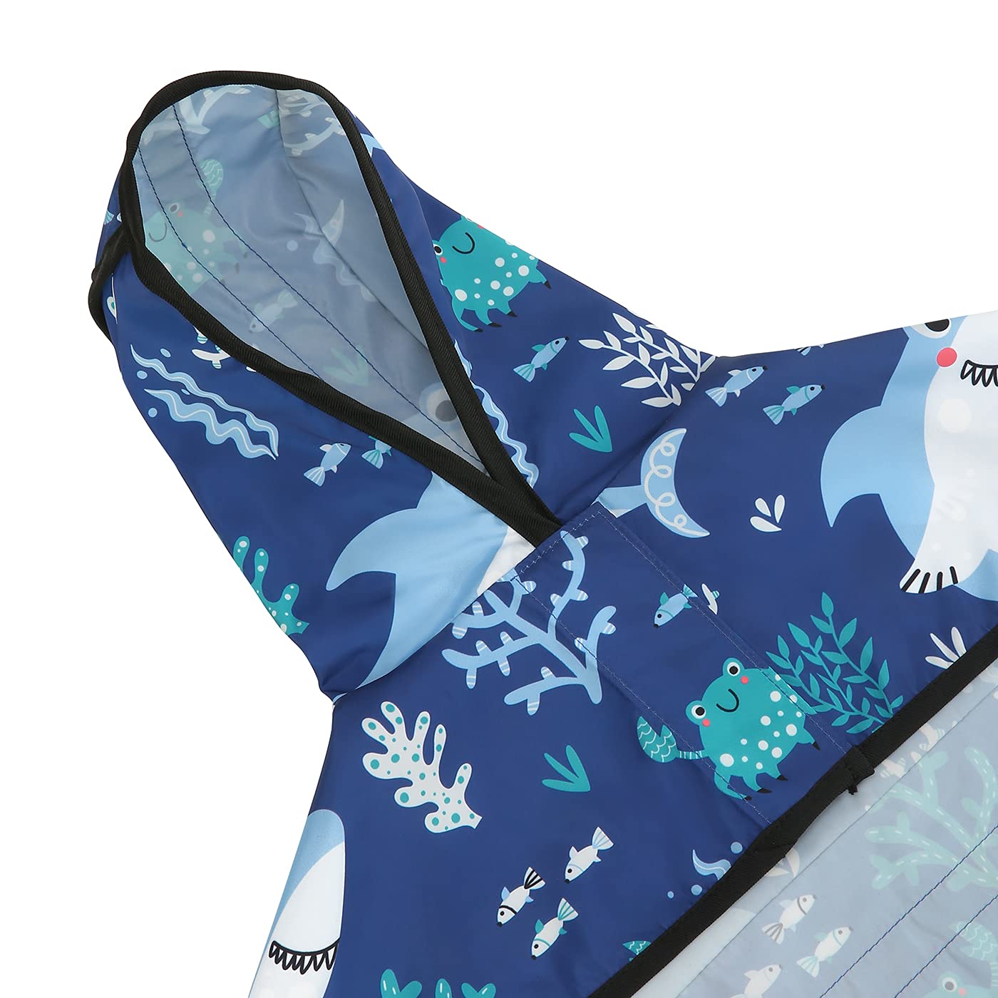 HDE dog raincoat sharks xl harness opening enables leash attachment without removing coat.
