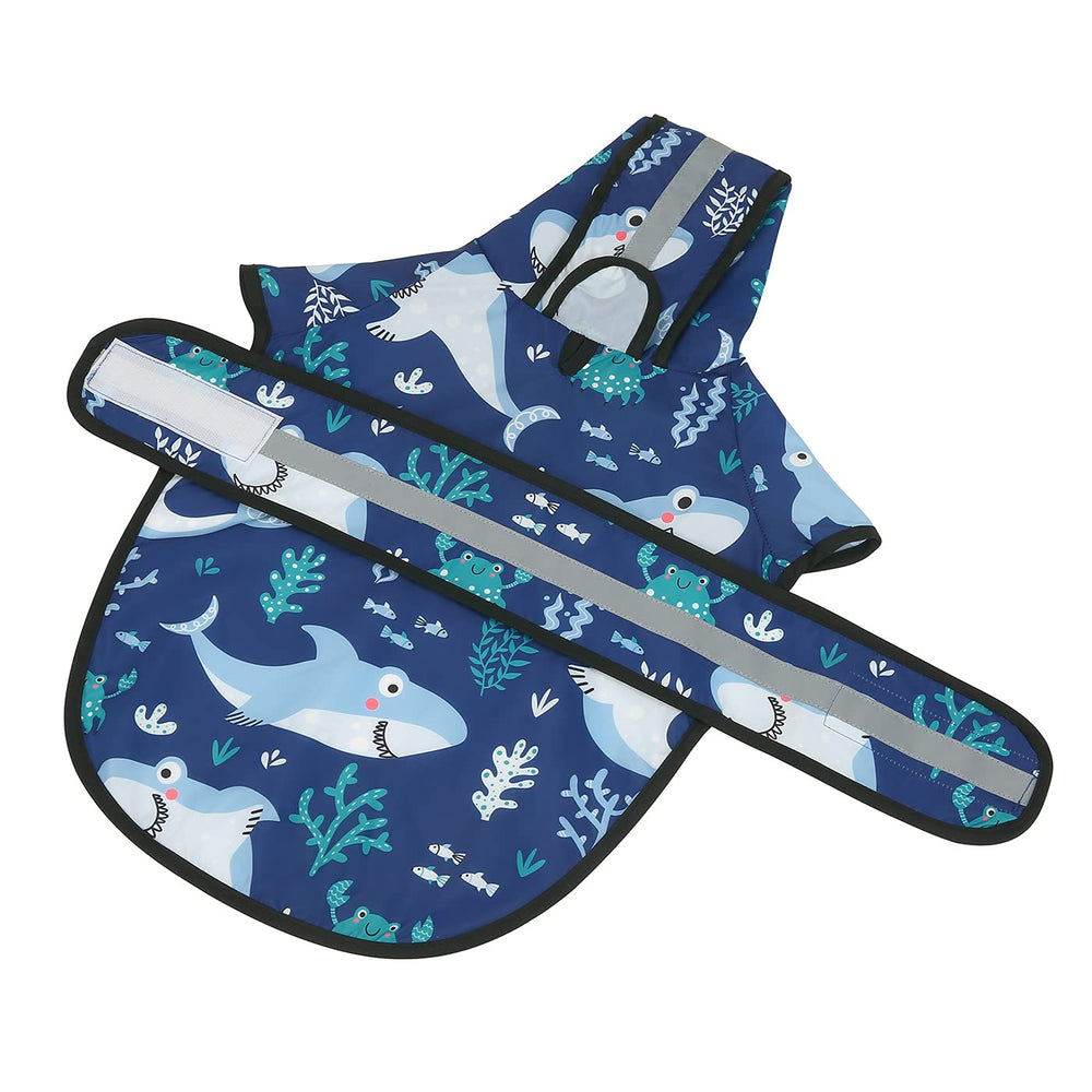 HDE dog raincoat sharks xl reflective back stripe enhances visibility.