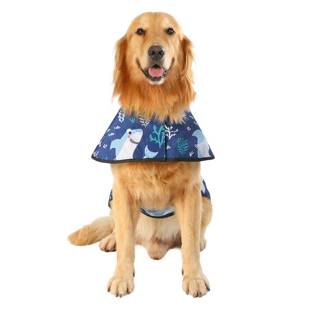 HDE dog raincoat sharks xl side profile shows adjustable belly strap for secure fit.