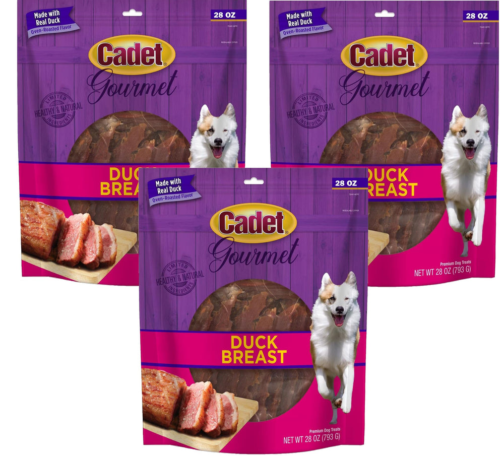 HDP Cadet Duck Jerky bundle image shows three 28-ounce packs of high-protein dog treats.