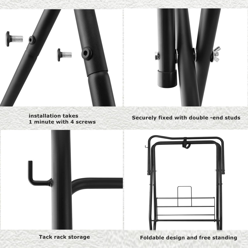 HDYEGY saddle rack bottom storage shelf with boots and gear.
