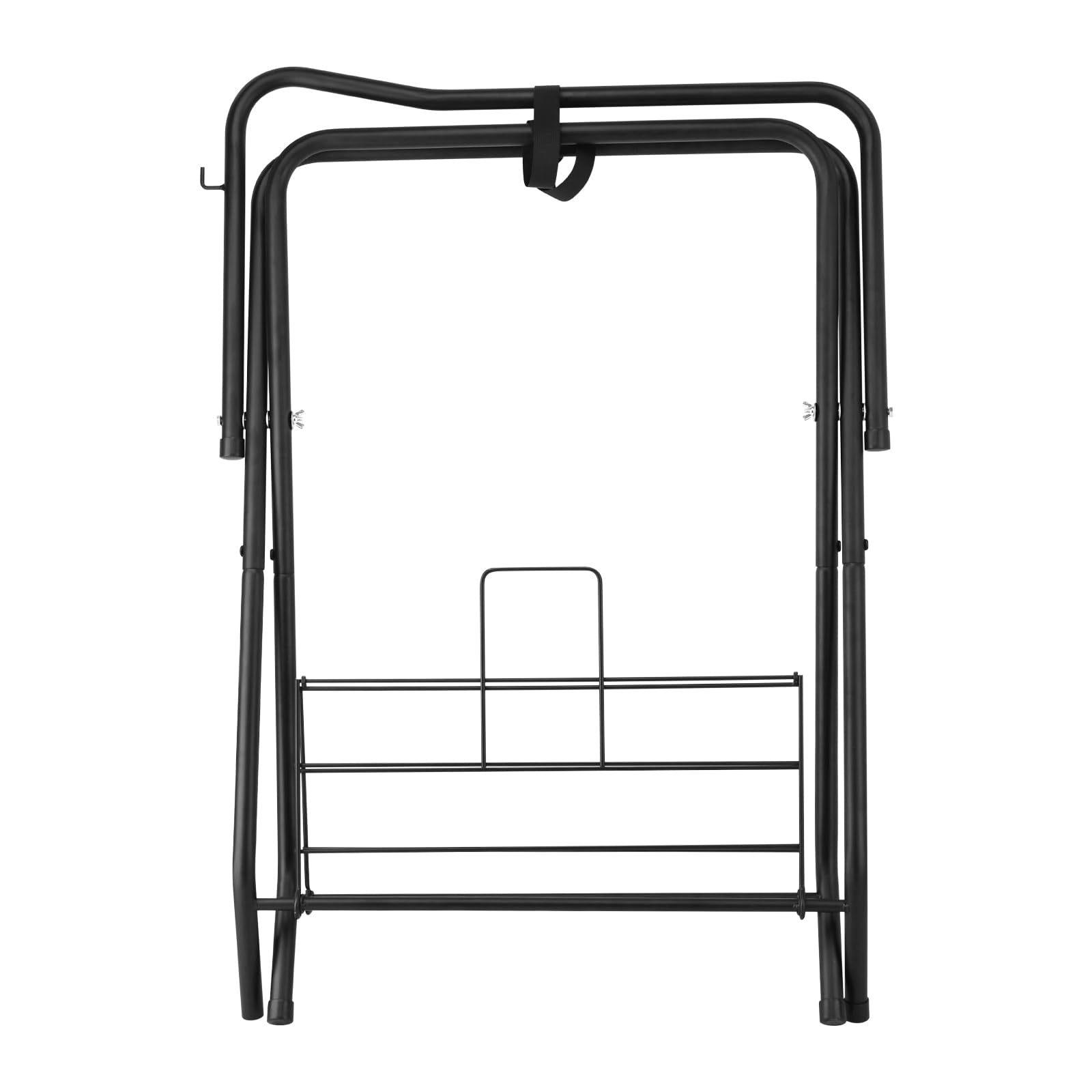 HDYEGY saddle rack with English and Western saddles secured.