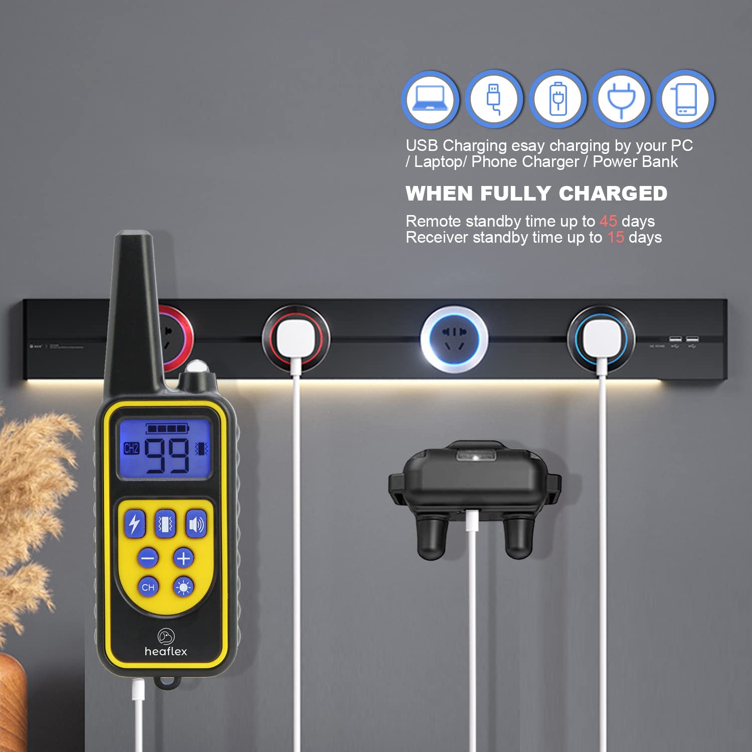 Heaflex training modes include beep, vibration, and adjustable shock for humane cues