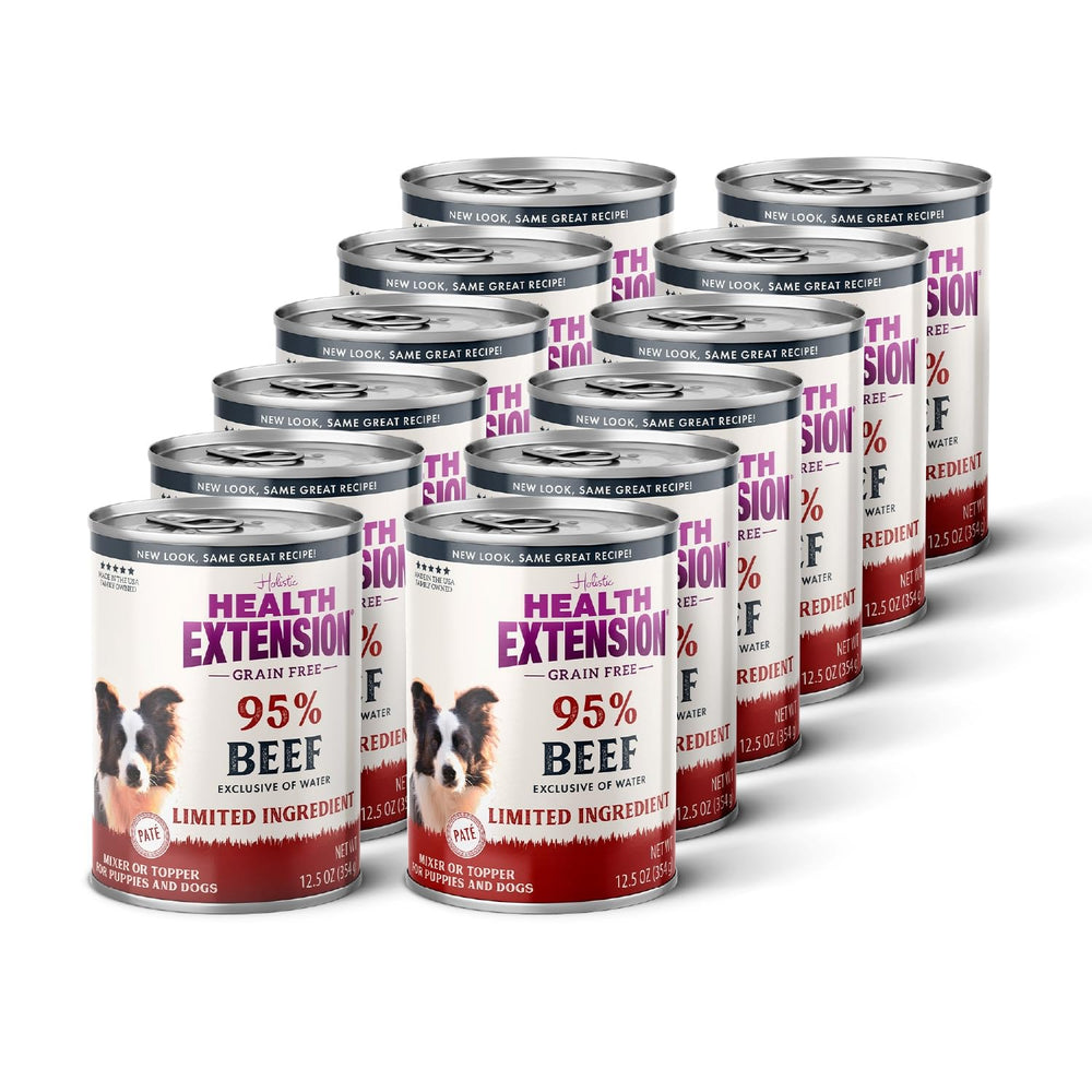 Health Extension 95% Beef wet dog food bag shows grain-free recipe for sensitive stomachs.