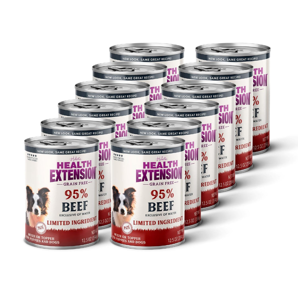 Health Extension 95% Beef wet dog food bag shows grain-free recipe for sensitive stomachs.