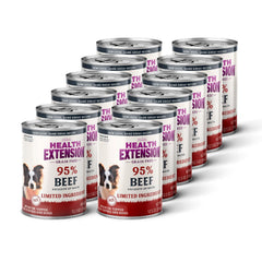 Health Extension 95% Beef wet dog food bag shows grain-free recipe for sensitive stomachs.