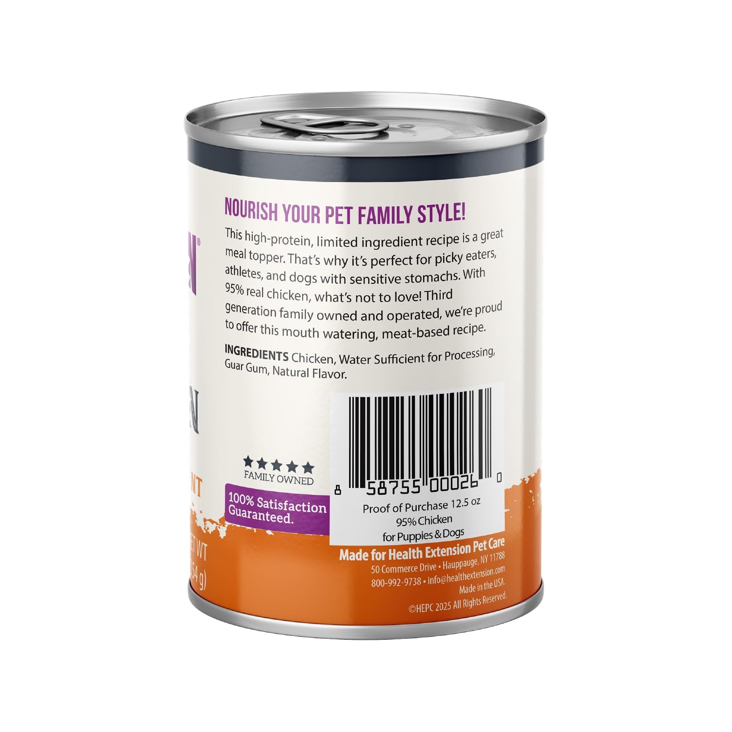 Health Extension 95% Chicken wet dog food can opened showing tender chicken chunks.