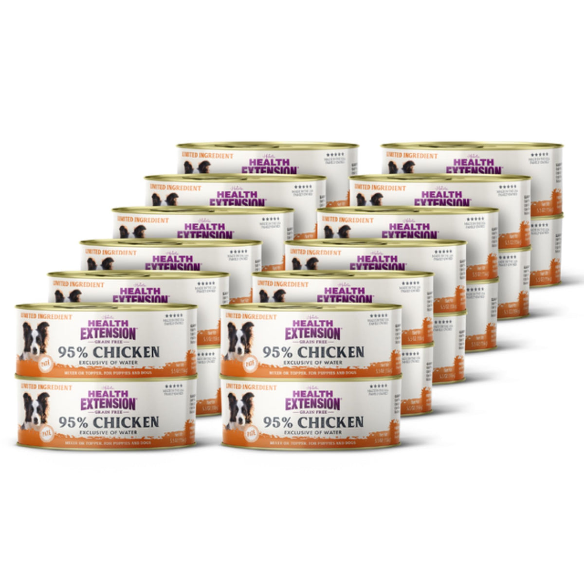 Health Extension 95% chicken grain-free wet dog food packaging highlights limited ingredients for simple nutrition.