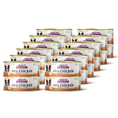 Health Extension 95% chicken grain-free wet dog food packaging highlights limited ingredients for simple nutrition.