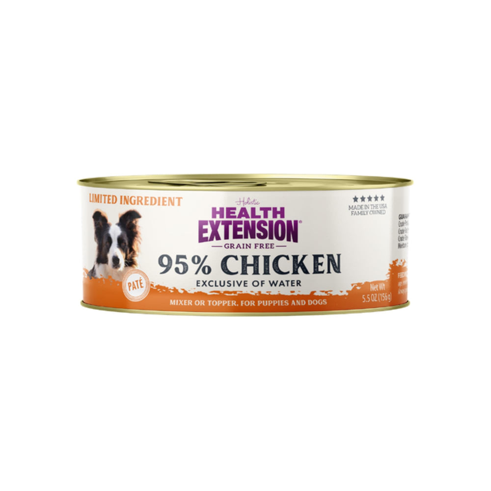 Health Extension 95% chicken wet dog food served in a bowl shows high-protein texture.