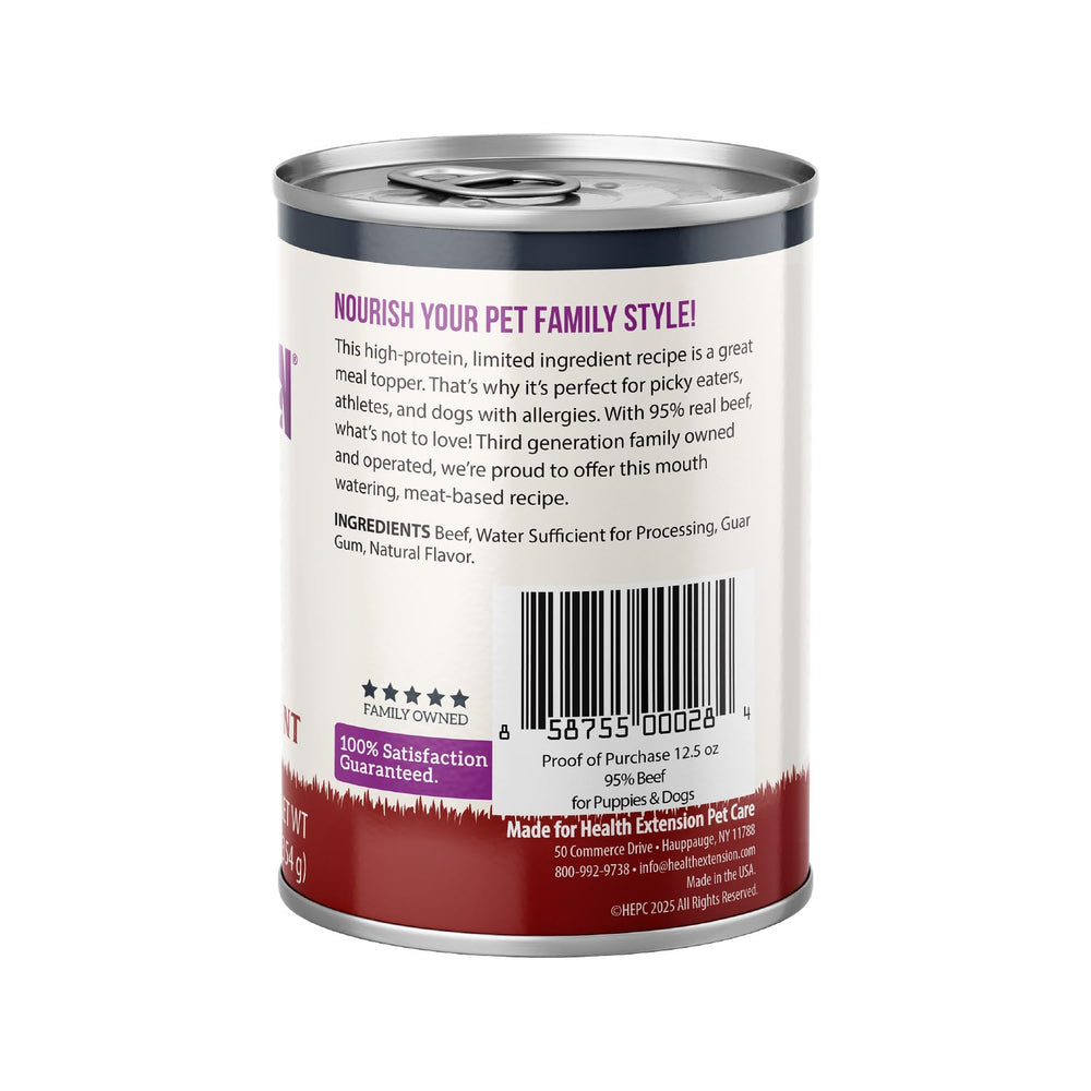 Health Extension beef wet dog food closeup emphasizes real meat texture and high protein.