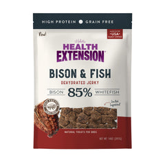 Health Extension Bison & Fish Dehydrated Jerky bag front highlights grain-free, USA-made dog treat.
